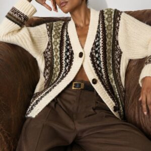 Seated model wearing ivory chunky cardigan with vertical fair isle panels, ribbed trim and large tortoise buttons. available for wholesale in Turkey.