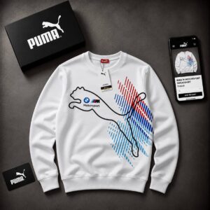 Front view of a white crewneck sweatshirt with an outlined animal and red-blue diagonal stripes. available for wholesale in Turkey.
