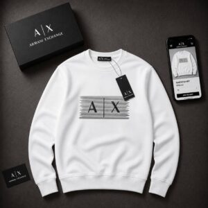 White long-sleeve crewneck sweatshirt with ribbed cuffs and hem and a black striped chest graphic. available for wholesale in Turkey.