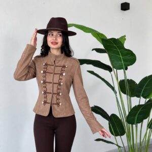 Front view of a beige jacket with long sleeves, a high collar, looped trim, and rows of buttons.
