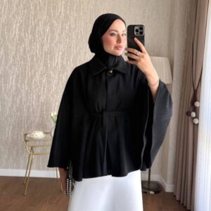 Front view of a black cape-style coat with wide sleeves, a pointed collar, button closure, and waist tie.