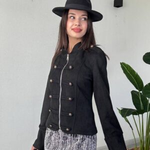 Angled view of a black jacket with a stand collar, central zipper, decorative buttons, and flared cuffs.