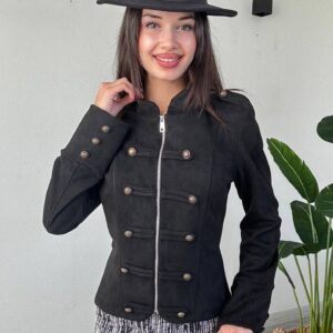 Close view of a black fitted jacket with a silver zipper, bronze-tone buttons, and long sleeves.