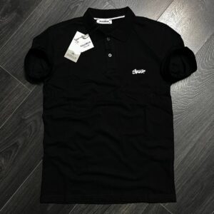 Front view of a black short-sleeve polo shirt with a folded collar, two-button placket, and small white chest emblem. available for wholesale in Turkey.