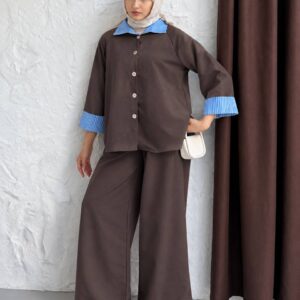 Brown button-front top and wide-leg trousers with blue striped collar and cuffs. available for wholesale in Turkey.