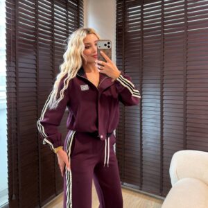Burgundy zip-front jacket and wide-leg trousers with cream sleeve and side stripes. available for wholesale in Turkey.