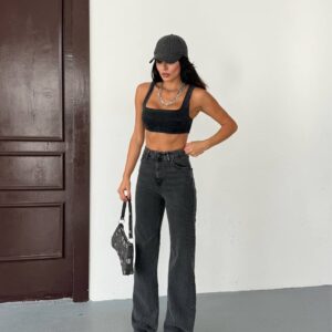 Front view of charcoal high-rise wide-leg jeans paired with a matching square-neck denim crop top.
