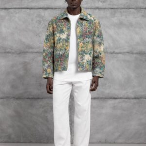 Full front view of a multicolor abstract-print jacket with a pointed collar, zip closure, and long sleeves. available for wholesale in Turkey.