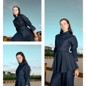 Tres vistas de una tunica denim azul marino con mangas abullonadas, cinturón en la cintura y pantalón ancho a juego. Disponible para mayoristas en Turquía - Mayoristas Turquía
