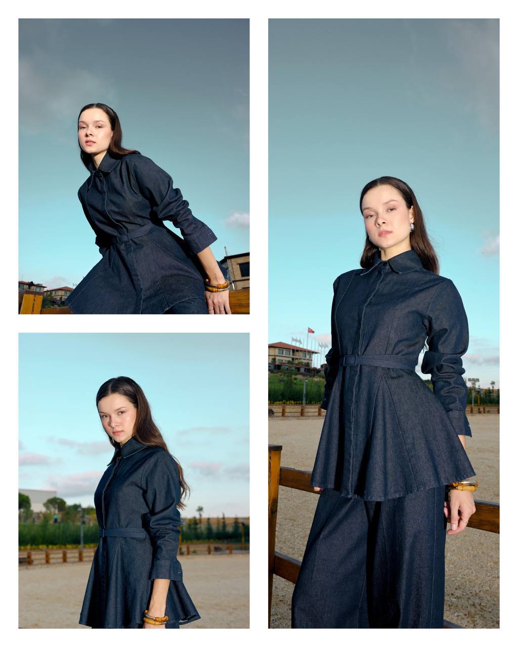 navy-denim-belted-tunic-6384 Three views of a navy denim tunic with puffed sleeves, a waist belt, and matching wide-leg trousers. available for wholesale in Turkey.