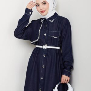 Front view of a navy denim maxi dress with pearl-trimmed collar and flap, white belt, and button front available for wholesale in Turkey.