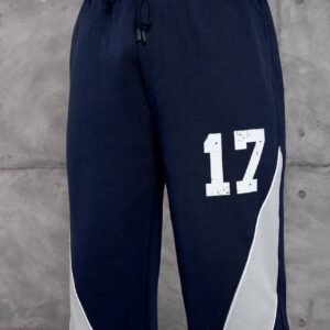 Close front view showing the elastic waistband, navy drawstring, distressed white number 17, and curved white panels.