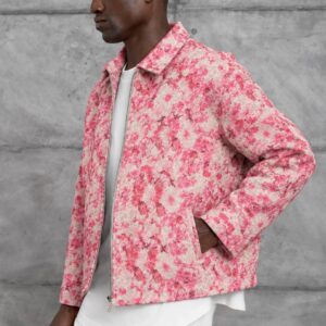 Seitenansicht einer pinken Blumenjacke mit Frontreißverschluss, spitzem Kragen und unauffälligen Seitentaschen – Großhandel Türkei