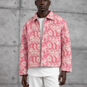 Vorderansicht einer pinken cremefarbenen Blumenjacke mit spitzem Kragen, Metallreißverschluss und langen Ärmeln – Großhandel Türkei