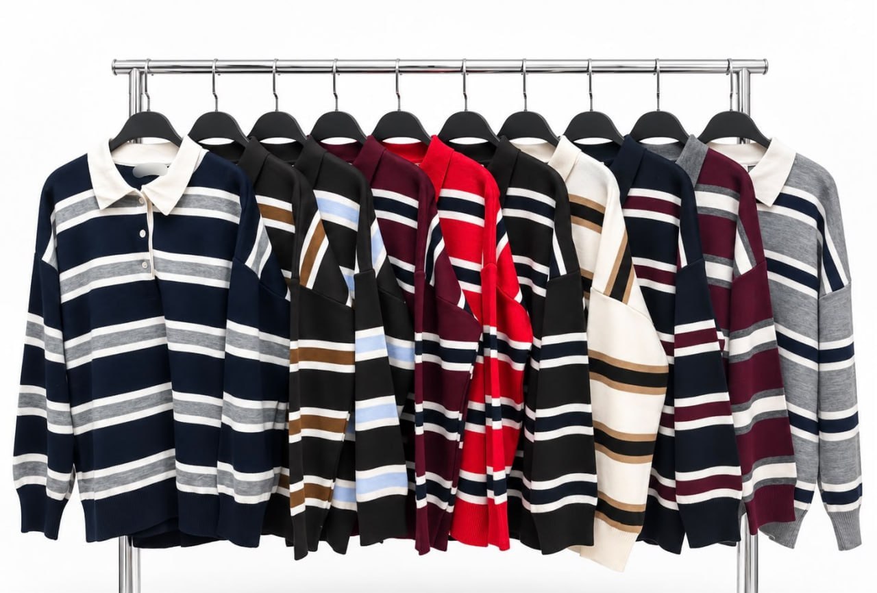 striped-polo-sweater-colors-9643 A row of collared knit sweaters on hangers in navy, burgundy, red, black, cream, and gray stripe combinations.