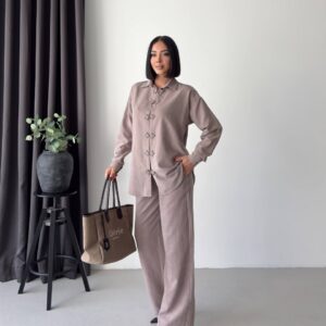 Full view of a taupe shirt and wide-leg trousers with floral frog closures. available for wholesale in Turkey.